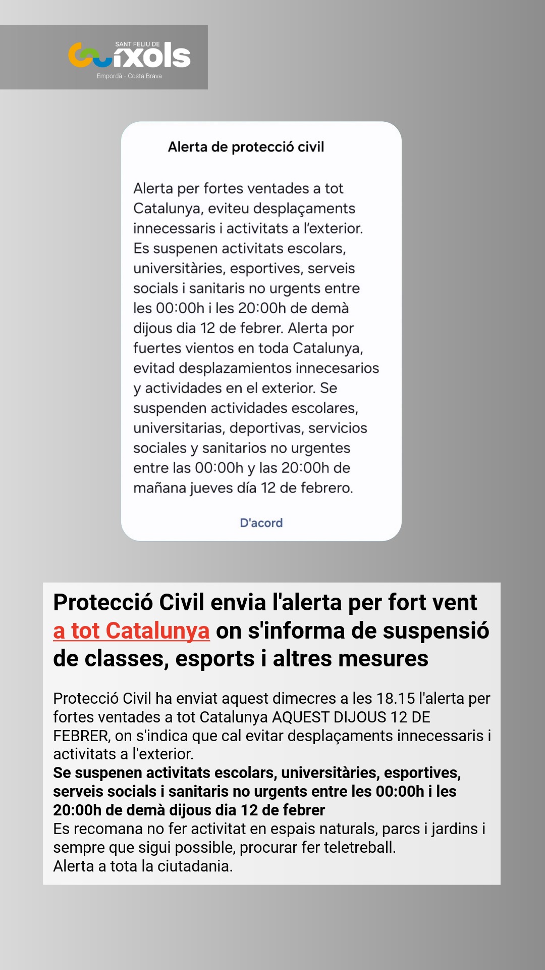 Protecció Civil envia l'alerta als mòbils per fort vent a tot Catalunya on s'informa de suspensió de classes, esports i altres mesures