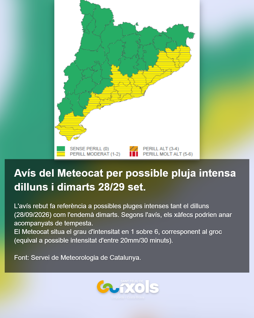 Avís del Meteocat per possible pluja intensa dilluns i dimarts 28/29 set.