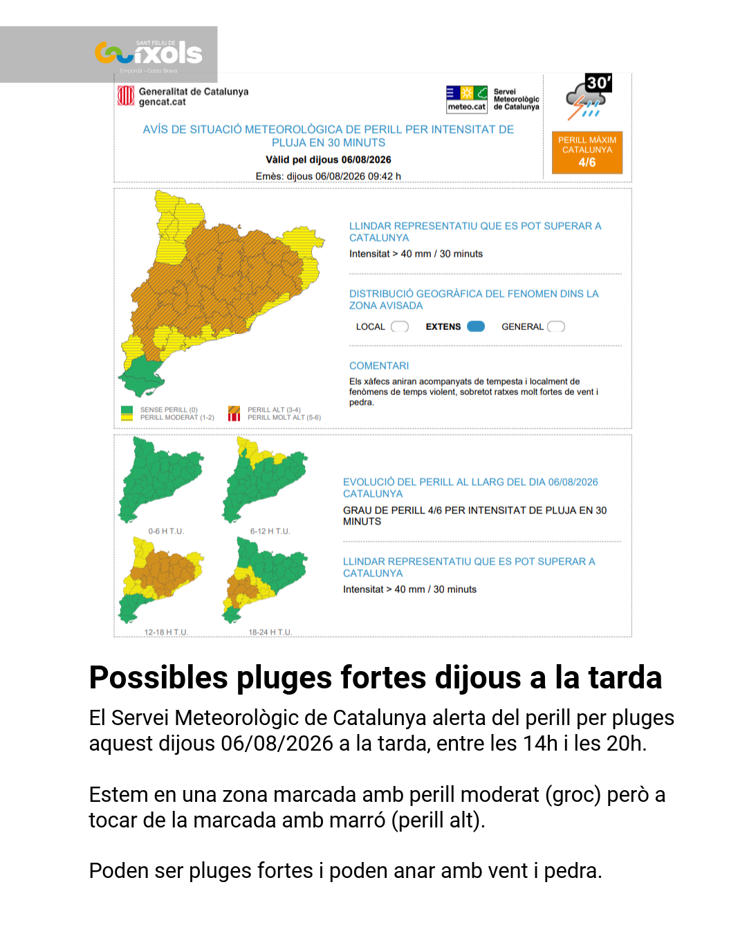 Perill de pluja intensa per aquesta tarda de dijous